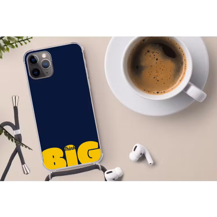 Think big - Blauw - Geel Hoesje iPhone 12 Pro met koord klein -oordop