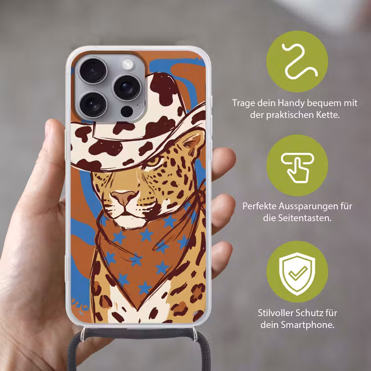 Dieren - Cowboyhoed - Modern - Illustratie - Bruin Hoesje iPhone 16 Pro Max met koord klein -sfeer2_DE