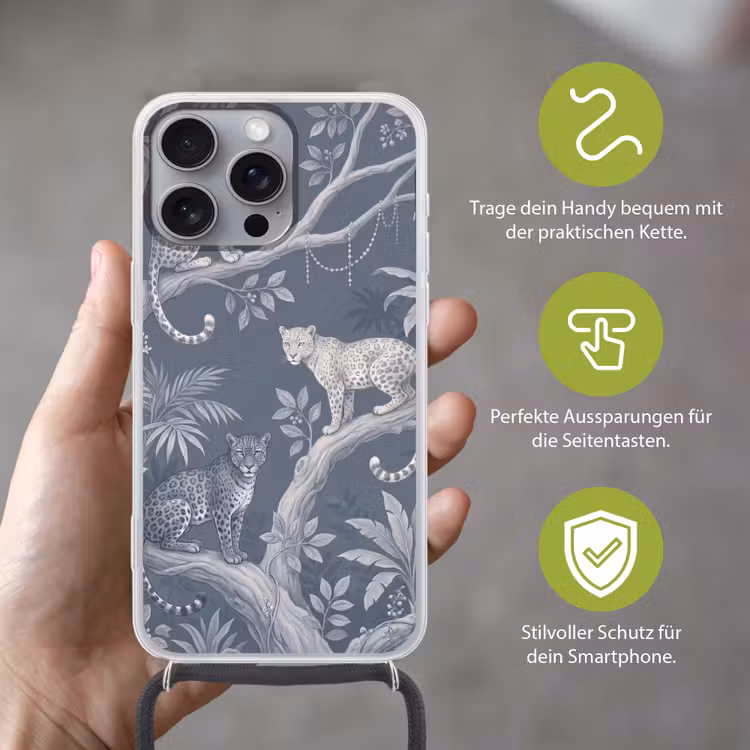 Dieren - Jungle - Illustratie - Bomen - Blauw Hoesje iPhone 16 Pro Max met koord klein -sfeer2_DE