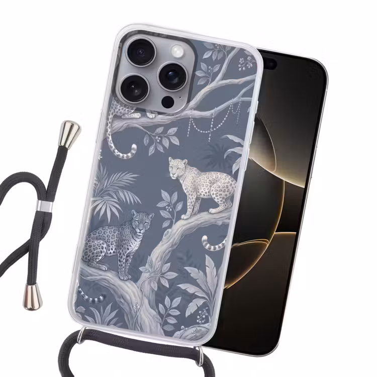 Dieren - Jungle - Illustratie - Bomen - Blauw Hoesje iPhone 16 Pro Max met koord klein -sfeer1