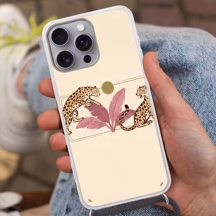 Dieren - Kat - Jungle - Illustratie - Beige Hoesje iPhone 16 Pro Max met koord klein -sfeer3