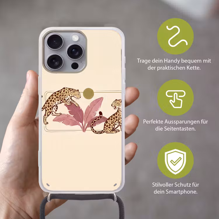 Dieren - Kat - Jungle - Illustratie - Beige Hoesje iPhone 16 Pro Max met koord klein -sfeer2_DE
