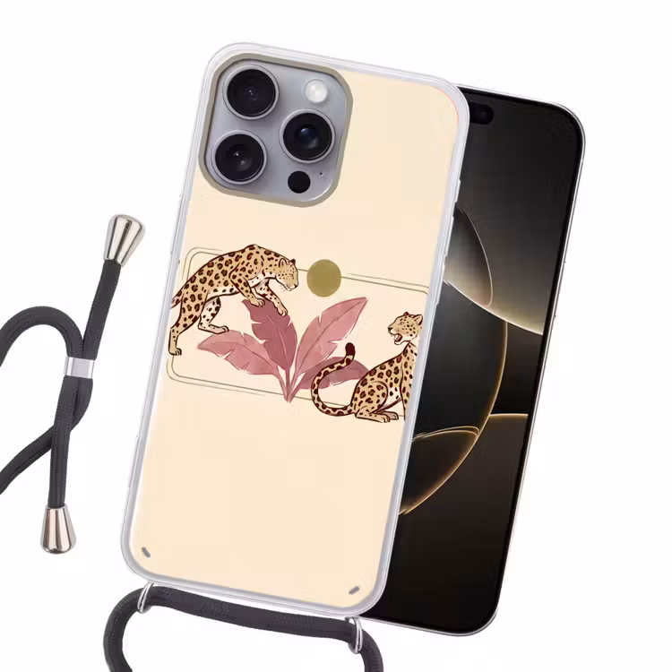 Dieren - Kat - Jungle - Illustratie - Beige Hoesje iPhone 16 Pro Max met koord klein -sfeer1