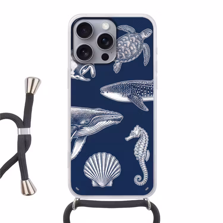 Dieren - Zeeleven - Oceaan - Graveren - Blauw Hoesje iPhone 16 Pro Max met koord klein -3d