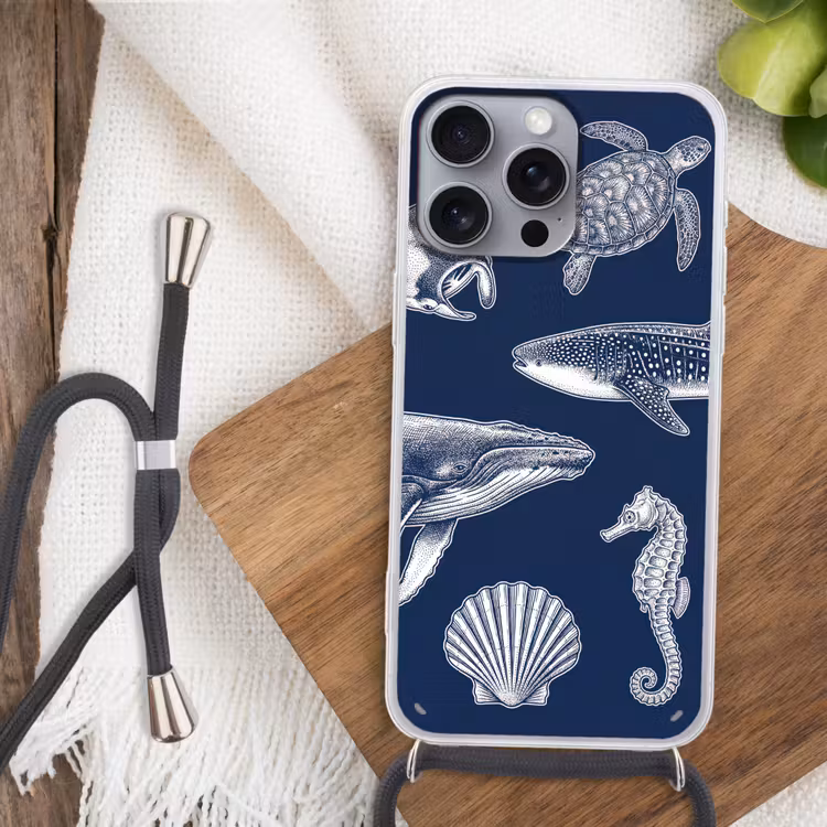 Dieren - Zeeleven - Oceaan - Graveren - Blauw Hoesje iPhone 16 Pro Max met koord klein -sfeer4