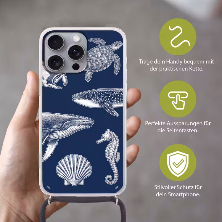 Dieren - Zeeleven - Oceaan - Graveren - Blauw Hoesje iPhone 16 Pro Max met koord klein -sfeer2_DE