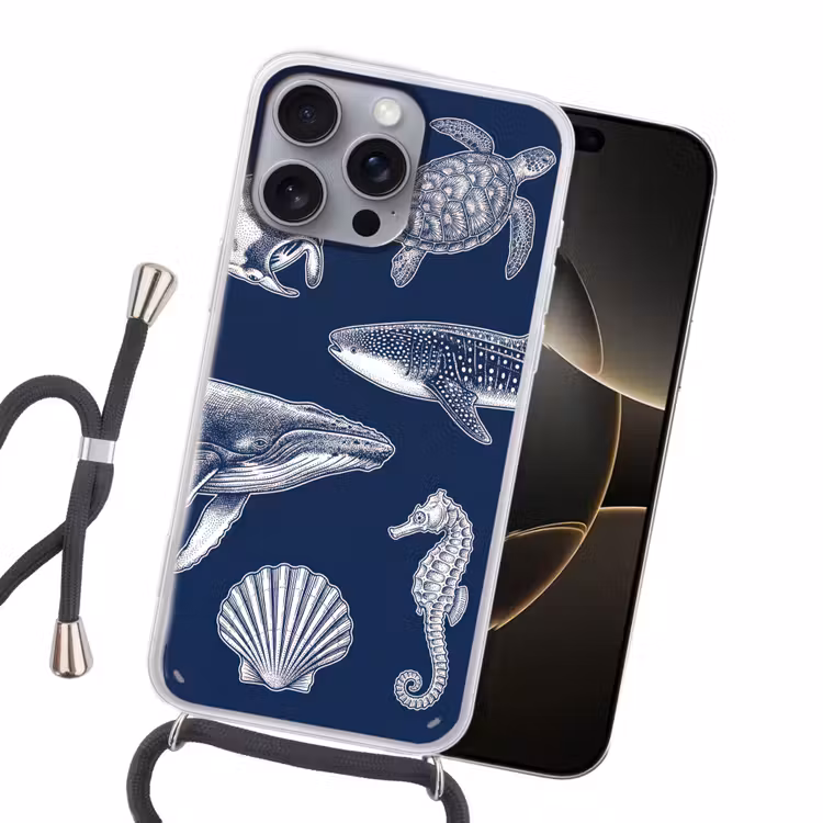 Dieren - Zeeleven - Oceaan - Graveren - Blauw Hoesje iPhone 16 Pro Max met koord klein -sfeer1