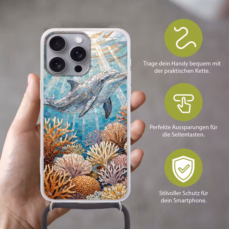Dieren - Mozaïek - Oceaan - Koraal - Blauw Hoesje iPhone 16 Pro Max met koord klein -sfeer2_DE