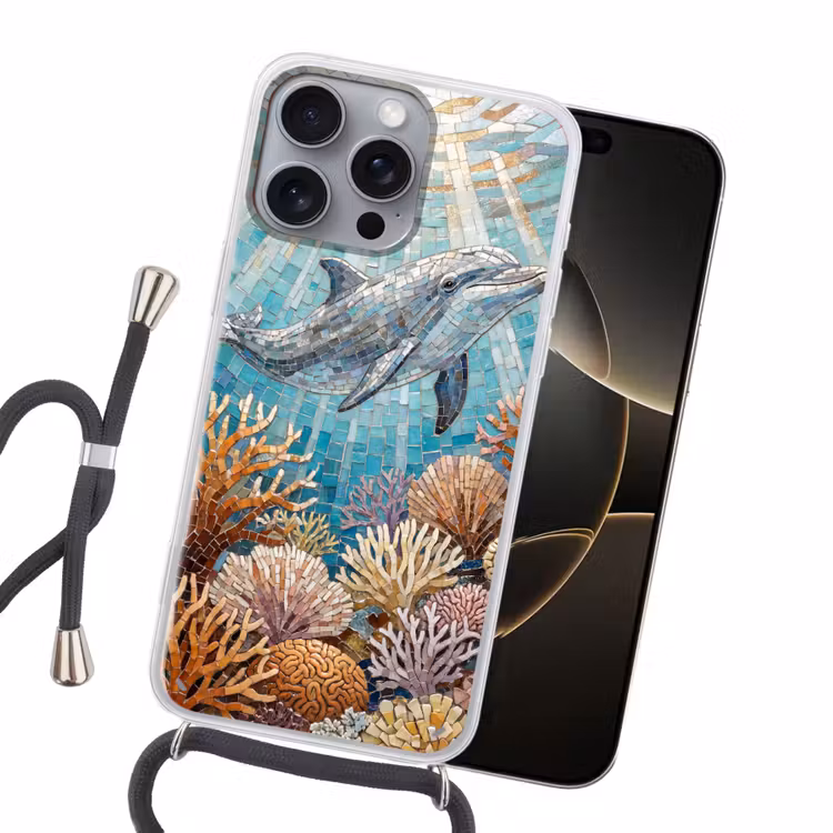 Dieren - Mozaïek - Oceaan - Koraal - Blauw Hoesje iPhone 16 Pro Max met koord klein -sfeer1