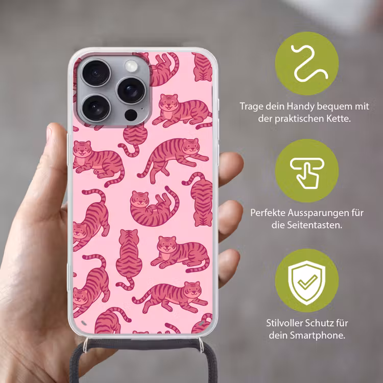 Dieren - Patroon - Roze - Speels - Cartoon Hoesje iPhone 16 Pro Max met koord klein -sfeer2_DE