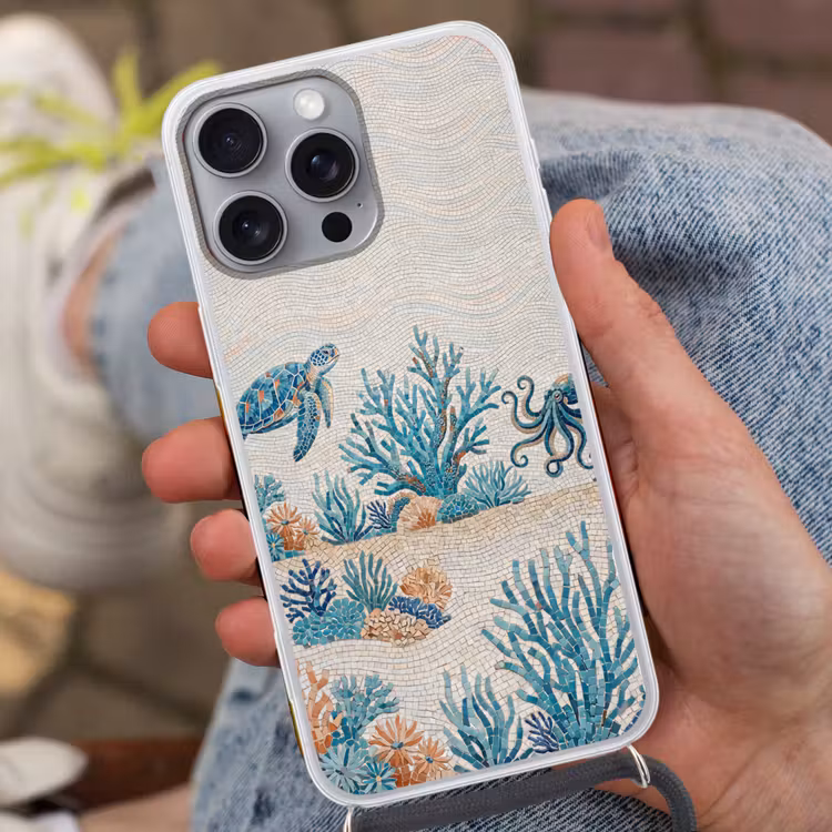 Dieren - Onderwater - Natuur - Mozaïek - Blauw Hoesje iPhone 16 Pro Max met koord klein -sfeer3