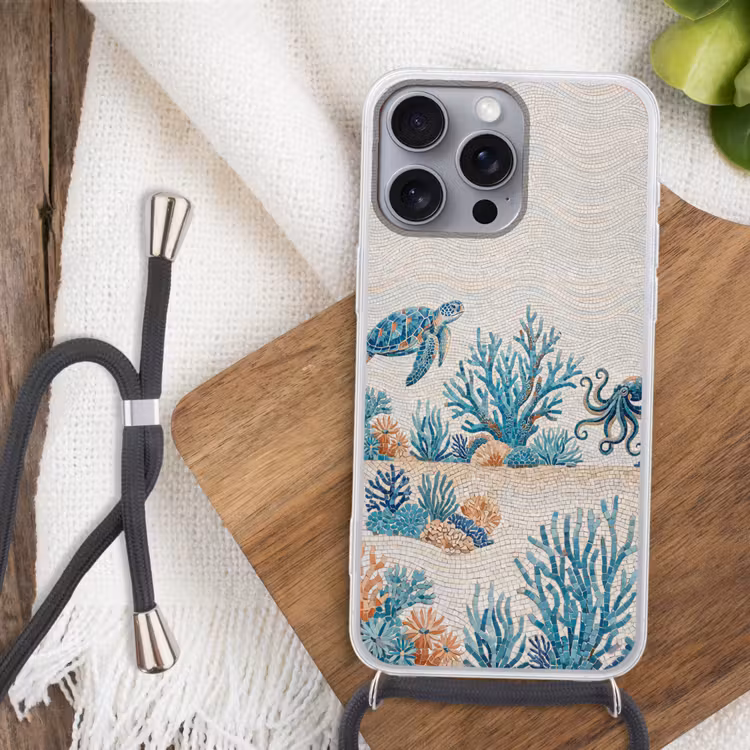 Dieren - Onderwater - Natuur - Mozaïek - Blauw Hoesje iPhone 16 Pro Max met koord klein -sfeer4