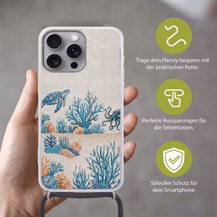 Dieren - Onderwater - Natuur - Mozaïek - Blauw Hoesje iPhone 16 Pro Max met koord klein -sfeer2_DE
