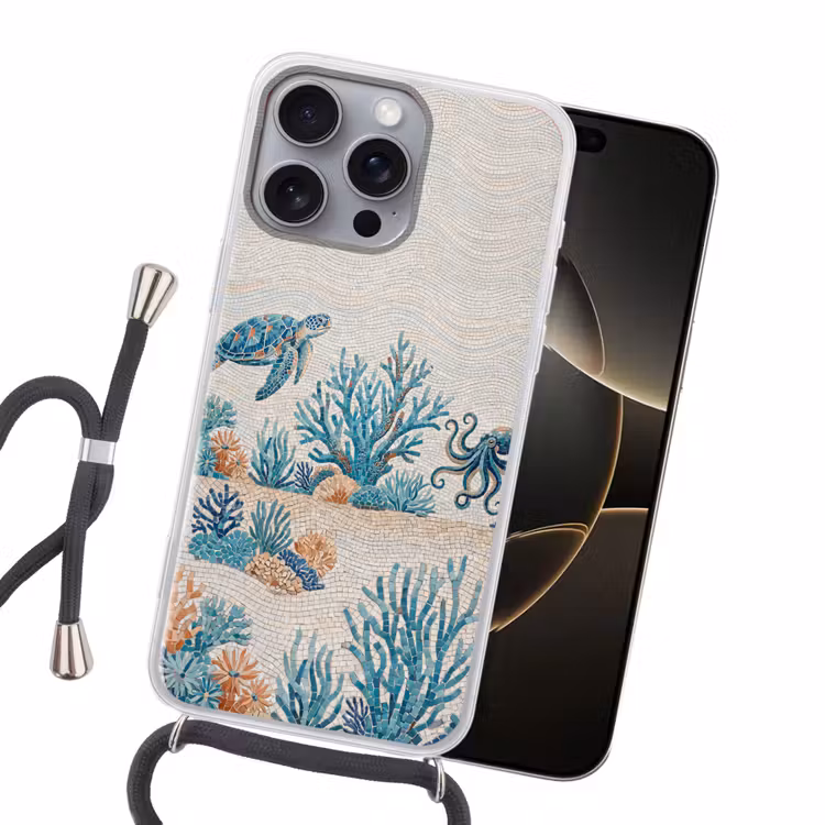 Dieren - Onderwater - Natuur - Mozaïek - Blauw Hoesje iPhone 16 Pro Max met koord klein -sfeer1