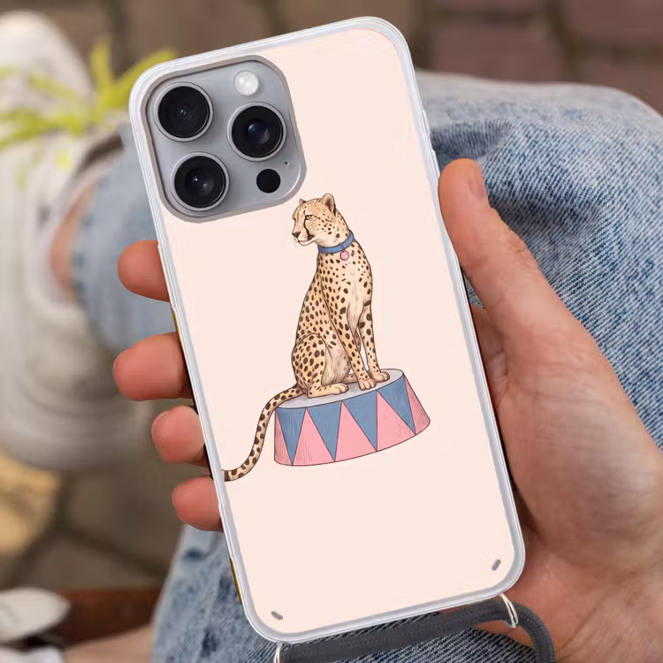 Dieren - Circus - Illustratie - Vintage - Roze Hoesje iPhone 16 Pro Max met koord klein -sfeer3