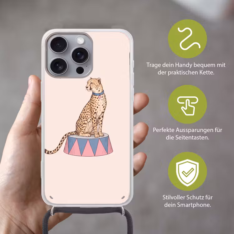 Dieren - Circus - Illustratie - Vintage - Roze Hoesje iPhone 16 Pro Max met koord klein -sfeer2_DE