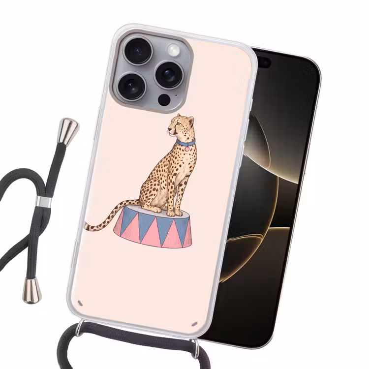 Dieren - Circus - Illustratie - Vintage - Roze Hoesje iPhone 16 Pro Max met koord klein -sfeer1