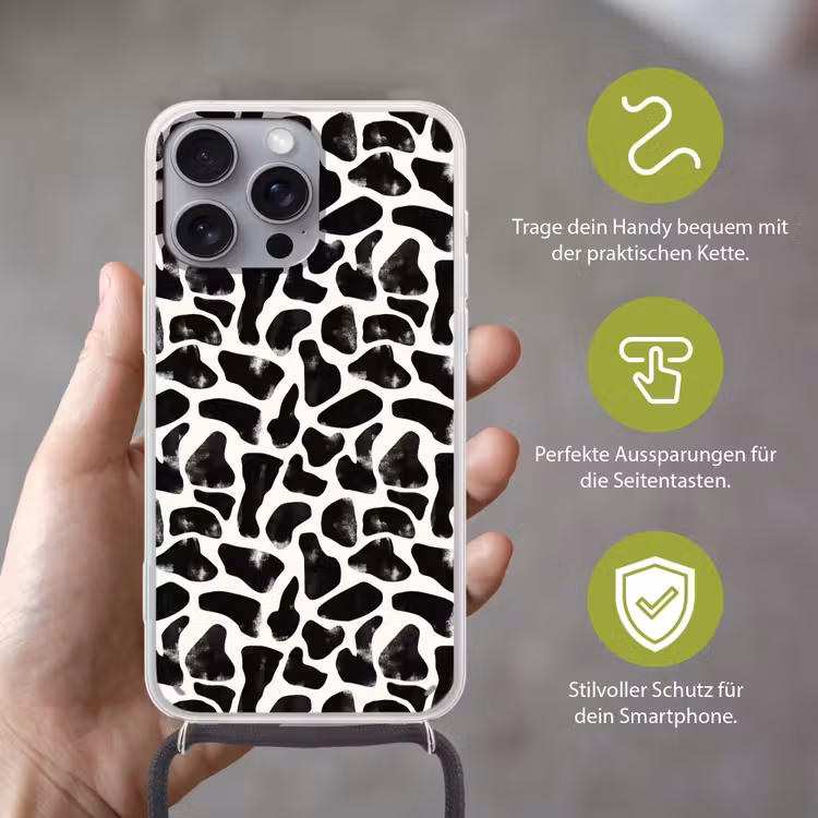 Dierenpatroon - Vlekken - Zwart - Wit Hoesje iPhone 16 Pro Max met koord klein 804 -sfeer2_DE