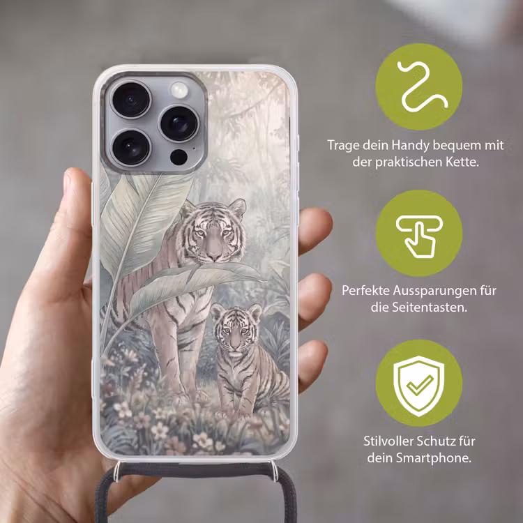 Tijger - Welp - Jungle - Illustratie - Dieren Hoesje iPhone 16 Pro Max met koord klein -sfeer2_DE