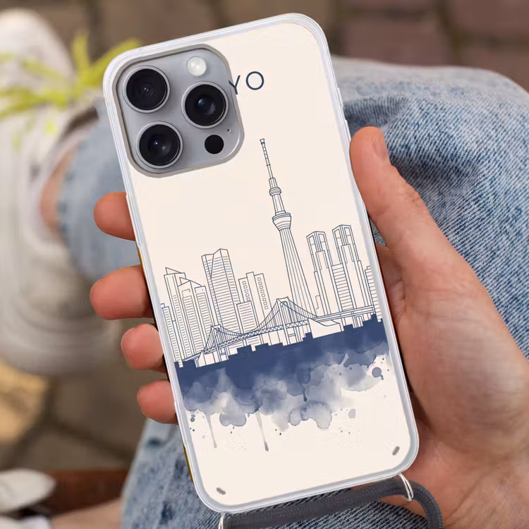 Tokyo - Skyline - Stad - Abstract - Blauw Hoesje iPhone 16 Pro Max met koord klein -sfeer3