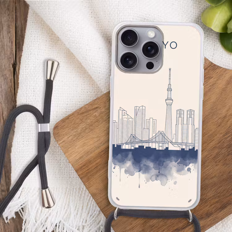 Tokyo - Skyline - Stad - Abstract - Blauw Hoesje iPhone 16 Pro Max met koord klein -sfeer4