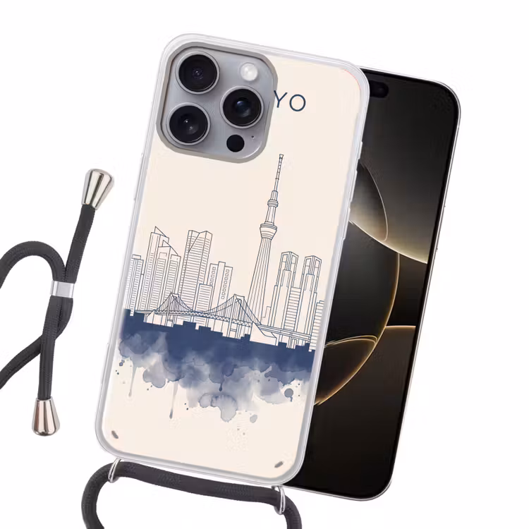 Tokyo - Skyline - Stad - Abstract - Blauw Hoesje iPhone 16 Pro Max met koord klein -sfeer1