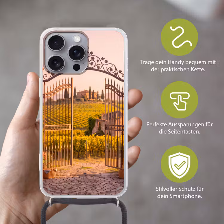 Poort - Landschap - Platteland - Zonlicht - Warm Hoesje iPhone 16 Pro Max met koord klein -sfeer2_DE