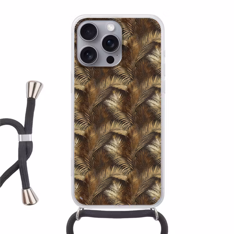 Tropisch - Bladeren - Goud Hoesje iPhone 16 Pro Max met koord klein 804 -3d