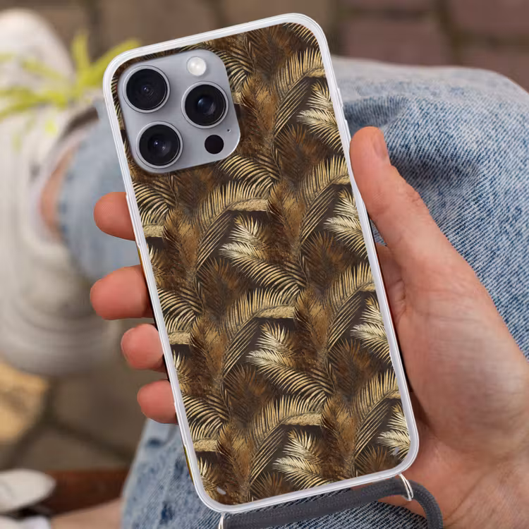 Tropisch - Bladeren - Goud Hoesje iPhone 16 Pro Max met koord klein 804 -sfeer3