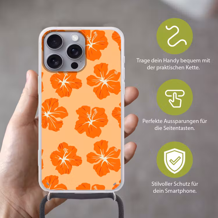 Tropisch - Hibiscus - Oranje Hoesje iPhone 16 Pro Max met koord klein 804 -sfeer2_DE