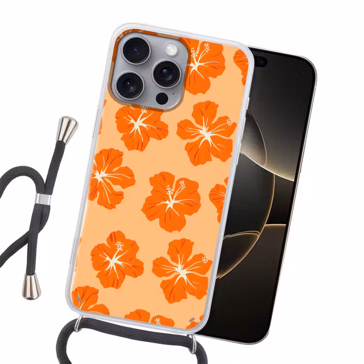 Tropisch - Hibiscus - Oranje Hoesje iPhone 16 Pro Max met koord klein 804 -sfeer1