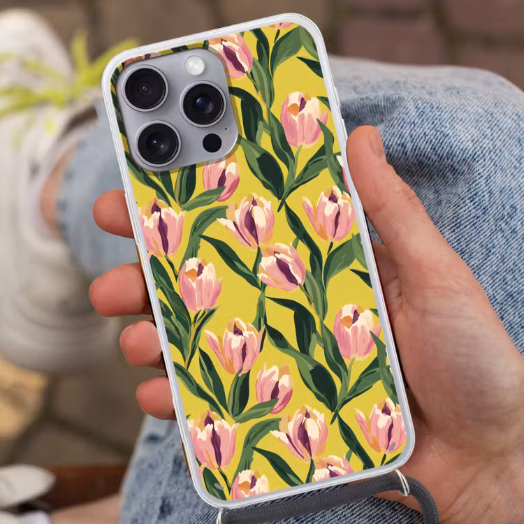 Tulpen - Botanisch - Geel Hoesje iPhone 16 Pro Max met koord klein 804 -sfeer3