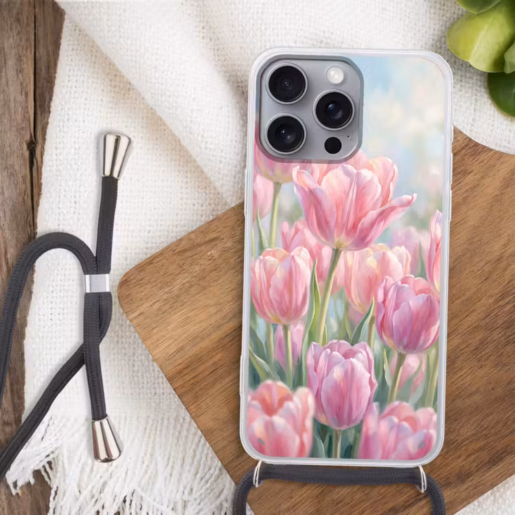 Tulpen - Veld - Lente - Roze Hoesje iPhone 16 Pro Max met koord klein -sfeer4