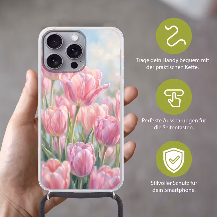 Tulpen - Veld - Lente - Roze Hoesje iPhone 16 Pro Max met koord klein -sfeer2_DE