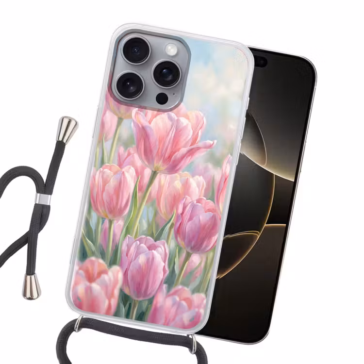 Tulpen - Veld - Lente - Roze Hoesje iPhone 16 Pro Max met koord klein -sfeer1
