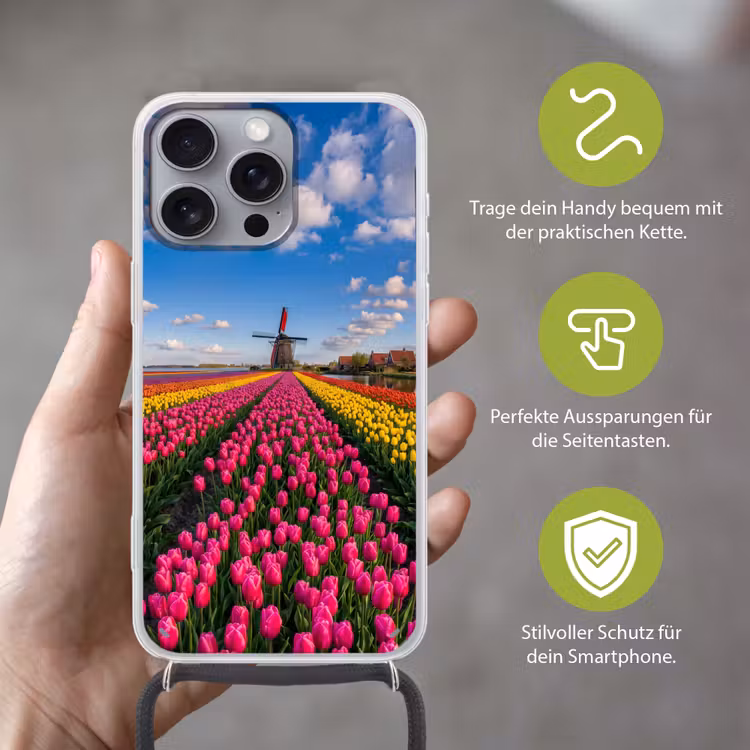 Tulpen - Holland - Molen - Kleurrijk Hoesje iPhone 16 Pro Max met koord klein -sfeer2_DE