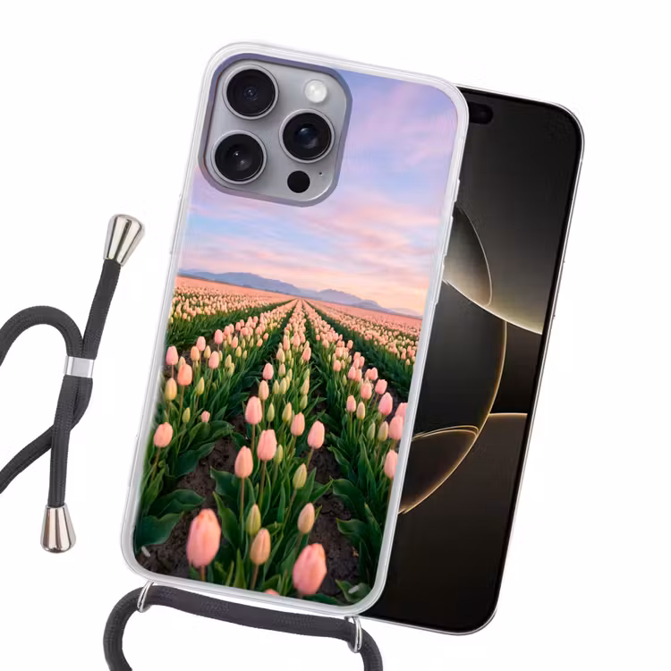 Tulpen - Landschap - Roze Hoesje iPhone 16 Pro Max met koord klein -sfeer1