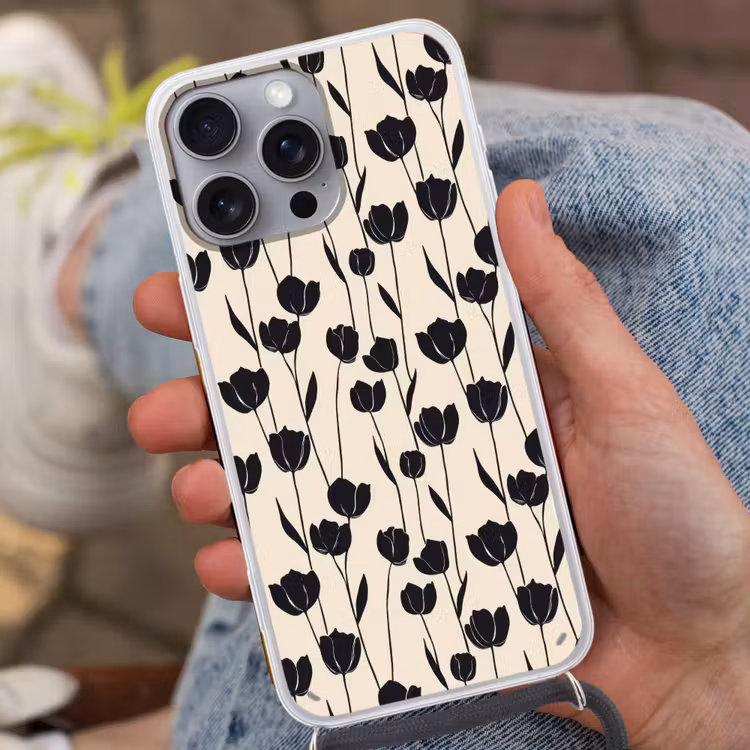 Tulpen - Patroon - Zwart Hoesje iPhone 16 Pro Max met koord klein 804 -sfeer3