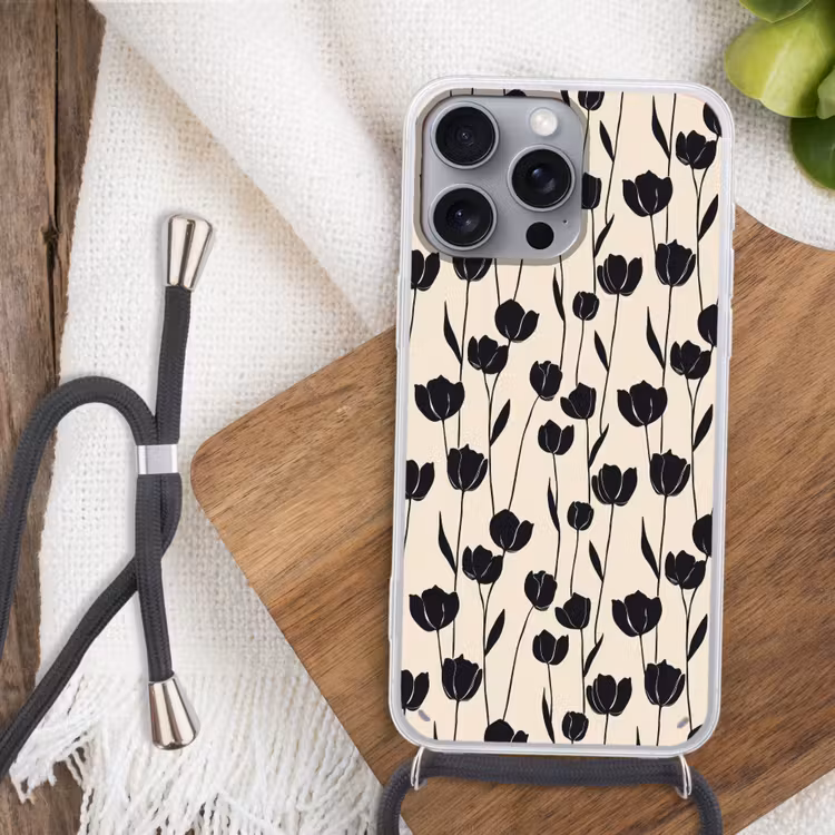Tulpen - Patroon - Zwart Hoesje iPhone 16 Pro Max met koord klein 804 -sfeer4