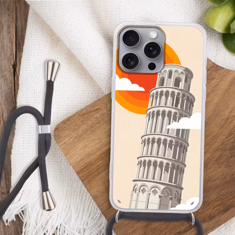 Toren - Pisa - Architectuur - Minimalistisch - Beige Hoesje iPhone 16 Pro Max met koord klein -sfeer4