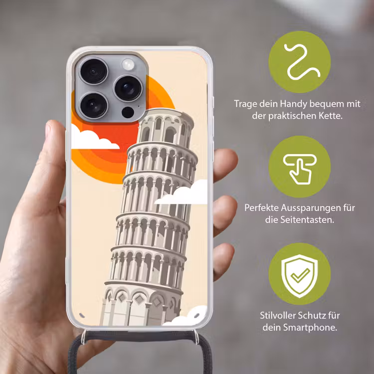 Toren - Pisa - Architectuur - Minimalistisch - Beige Hoesje iPhone 16 Pro Max met koord klein -sfeer2_DE
