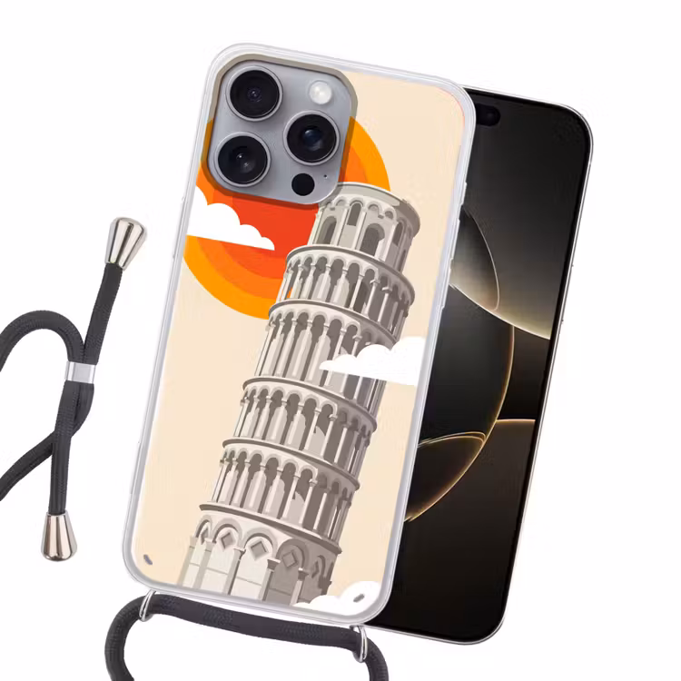 Toren - Pisa - Architectuur - Minimalistisch - Beige Hoesje iPhone 16 Pro Max met koord klein -sfeer1