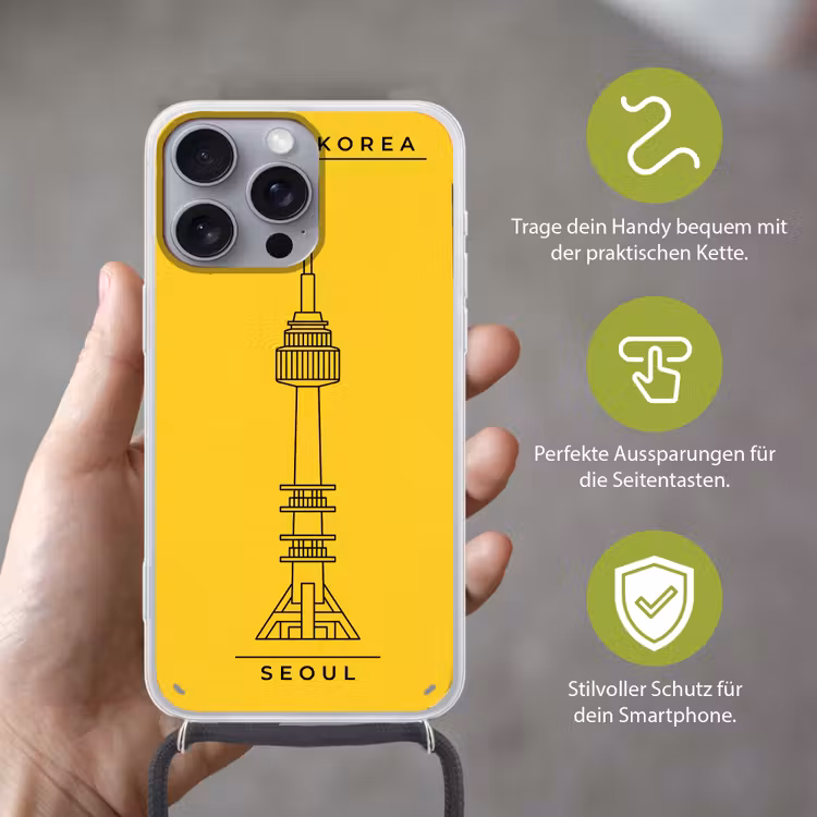 Toren - Seoul - Architectuur - Minimalistisch - Geel Hoesje iPhone 16 Pro Max met koord klein -sfeer2_DE