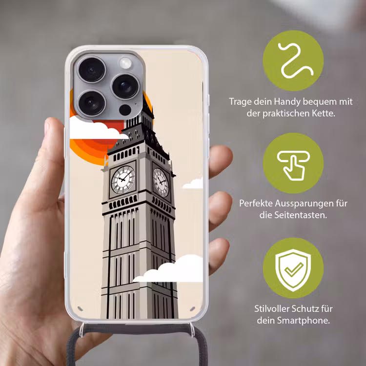 Toren - Klok - Londen - Architectuur - Retro Hoesje iPhone 16 Pro Max met koord klein -sfeer2_DE