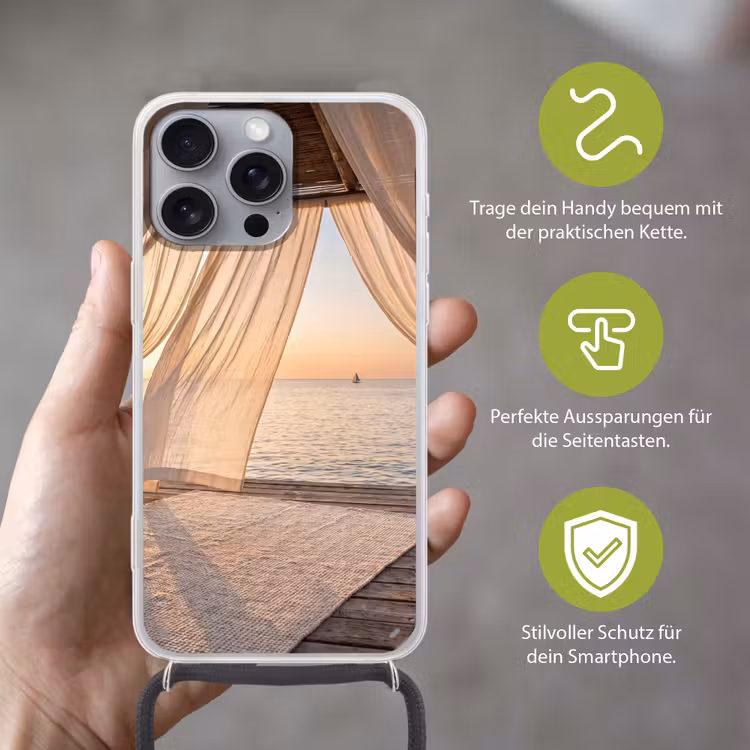 Overkapping - Zee - Zonsondergang - Vakantie - Rust Hoesje iPhone 16 Pro Max met koord klein -sfeer2_DE