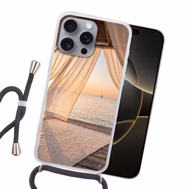 Overkapping - Zee - Zonsondergang - Vakantie - Rust Hoesje iPhone 16 Pro Max met koord klein -sfeer1