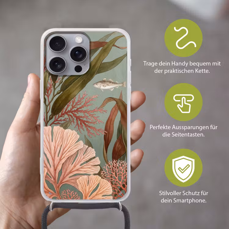 Onderwater - Planten - Vis - Vintage - Groen Hoesje iPhone 16 Pro Max met koord klein -sfeer2_DE