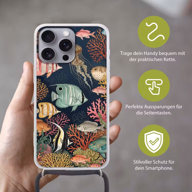 Onderwaterwereld - Vissen - Koraal - Illustratie - Kleurrijk Hoesje iPhone 16 Pro Max met koord klein -sfeer2_DE