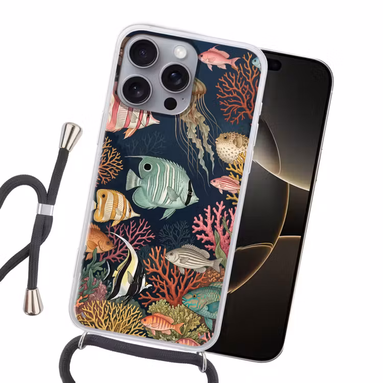 Onderwaterwereld - Vissen - Koraal - Illustratie - Kleurrijk Hoesje iPhone 16 Pro Max met koord klein -sfeer1