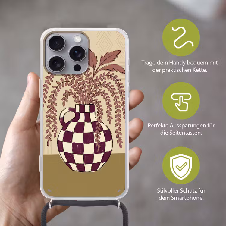 Vaas - Geruit - Planten - Modern - Paars Hoesje iPhone 16 Pro Max met koord klein -sfeer2_DE